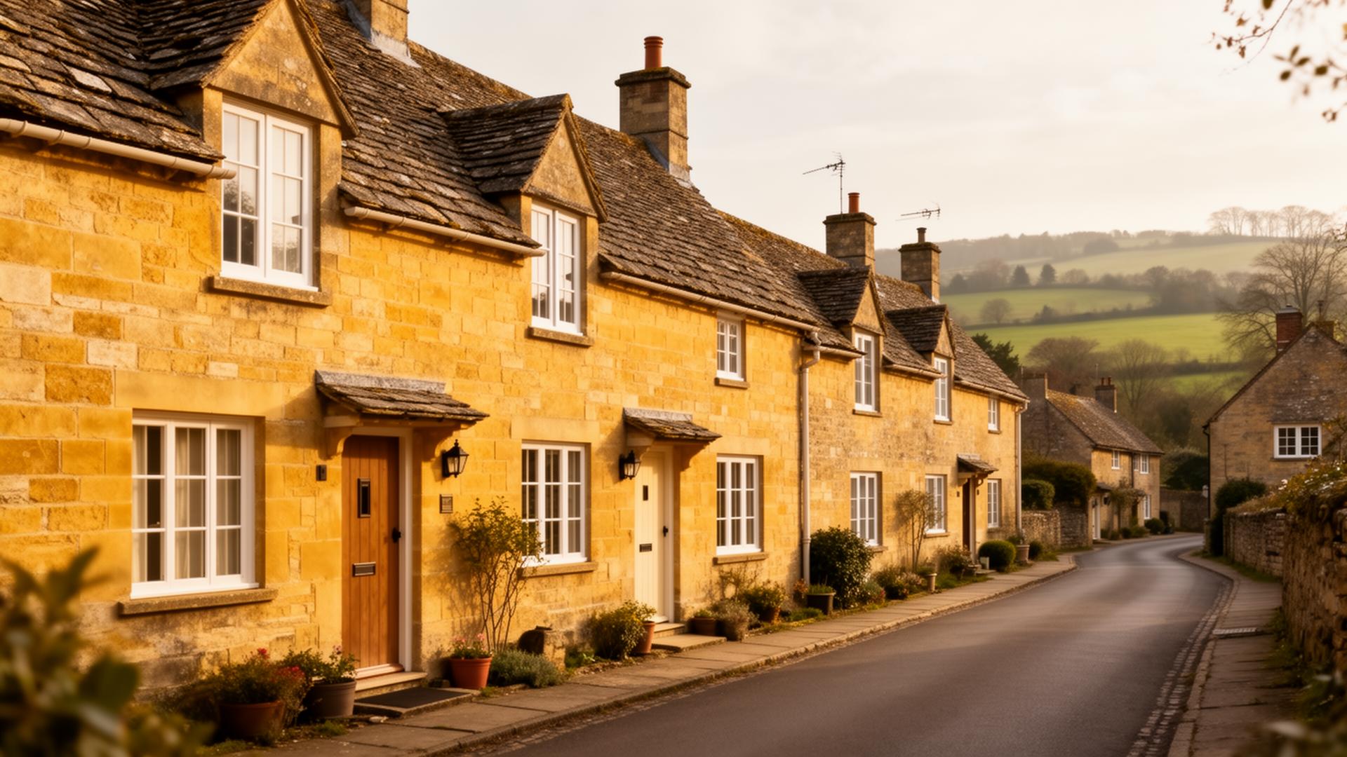 Terrace of honey-stone Somerset cottages on a quiet village street
