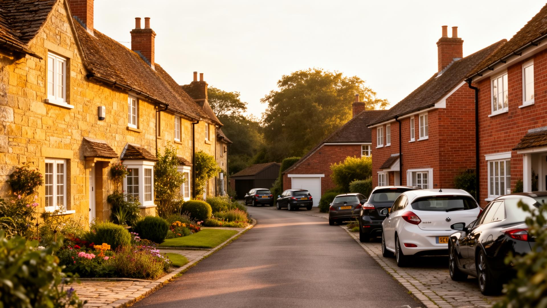 Somerset street with honey-stone cottages and red-brick semi-detached homes